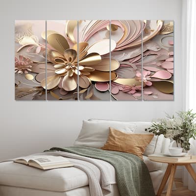 Designart "Liquid Art Gold And Pink Floral Effervescence" Abstract Multipanel Canvas Art Print set