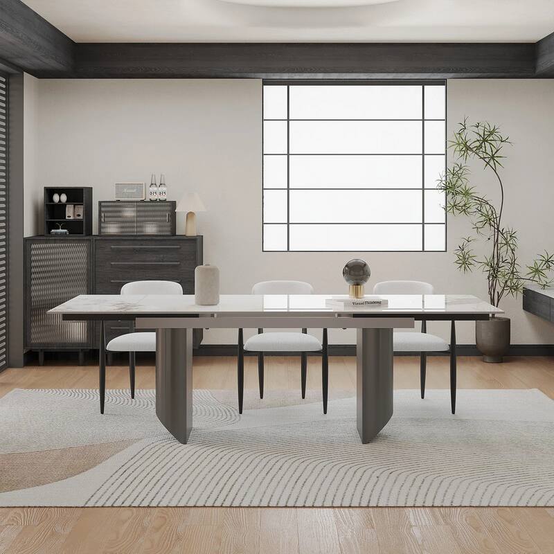 9 - Piece 94.48'' Modern Minimalist Extendable Sintered Stone Top Double Pedestal Dining Set With 8 Fabric Chairs