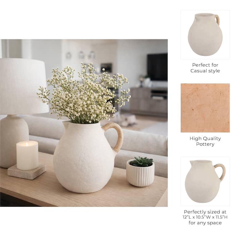 Pottery Vase with Woven Rattan Handle - Tall Flower Vase