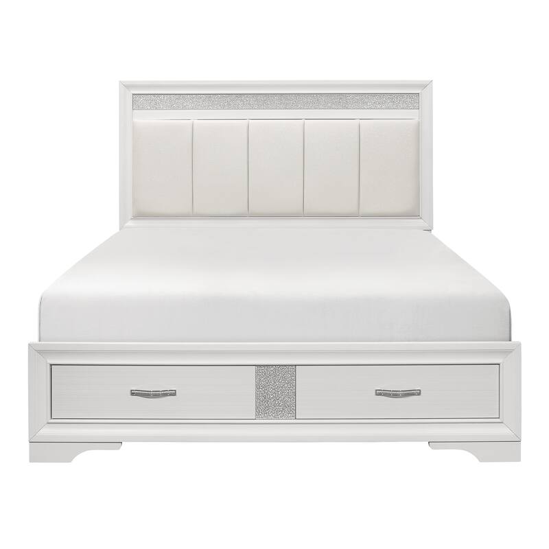 Queen Platform Bed with Drawers Storage, Upholstered Headboard, Silver Glitter Accent, White Finish