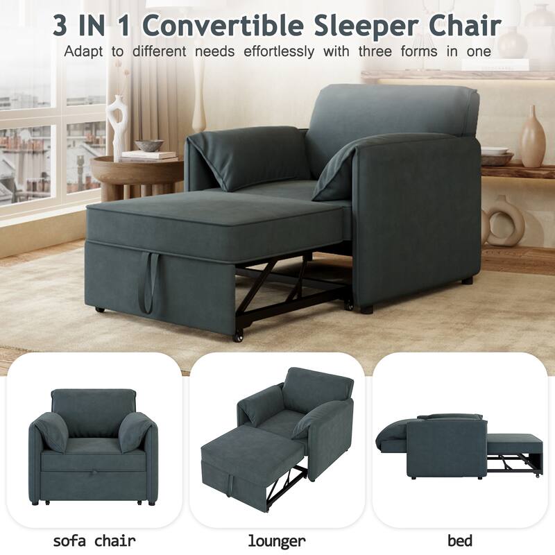 Convertible Pull Out Sofa Bed, 3-in-1 Sleeper Chair Adjustable Backrest with Thicked Cushions, Multi-Functional Armchair