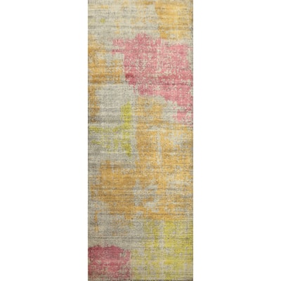Hand Knotted Oriental Viscose Silk Carpet Modern Abstract Multi-Colored Abstract Runner Rug - 8' 5'' X 2' 10''