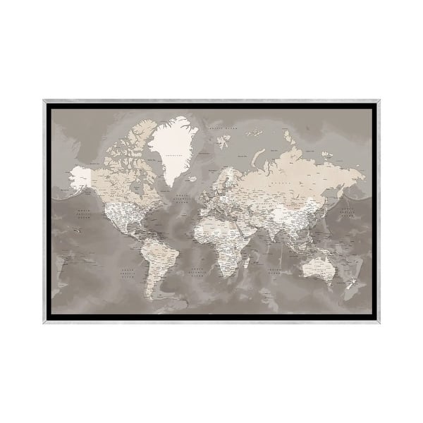 slide 2 of 15, iCanvas "Brown Detailed World Map With Cities, Davey" by blursbyai Framed Silver - 26x40