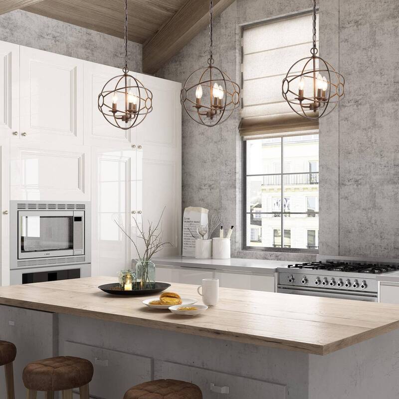 Farmhouse Rustic 3-Light Metal Globe Chandelier Pendant Light for Kitchen Island Dining Room - 12"W x 14"H