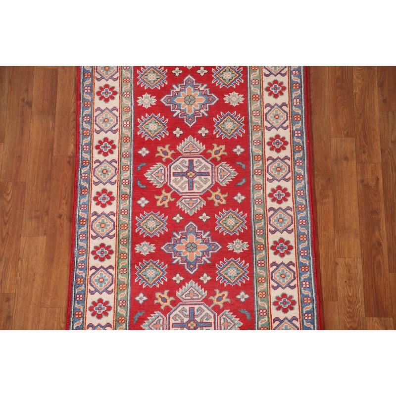 Geometric Kazak Runner Rug Handmade Oriental Wool Carpet - 2'8" x 7'9"