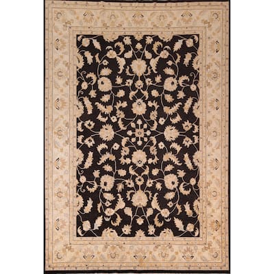 Black Floral Chobi Peshawar Vintage Rug Hand-Knotted Wool Carpet - 9'0" X 11'9"