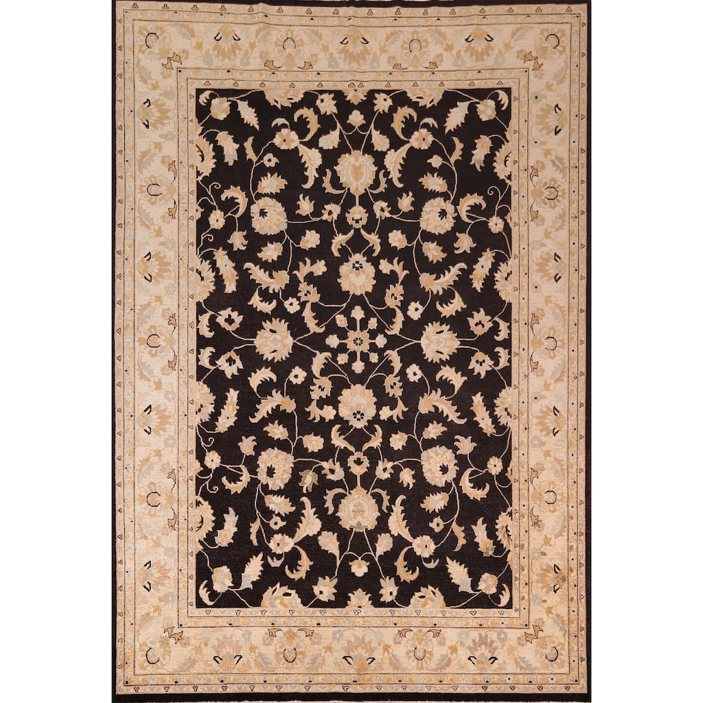 Black Floral Chobi Peshawar Vintage Rug Hand-Knotted Wool Carpet - 9'0" X 11'9"