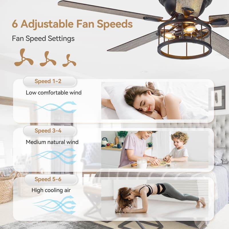 52 Inch Black Flush Mount Ceiling Fan with Lights Remote Control