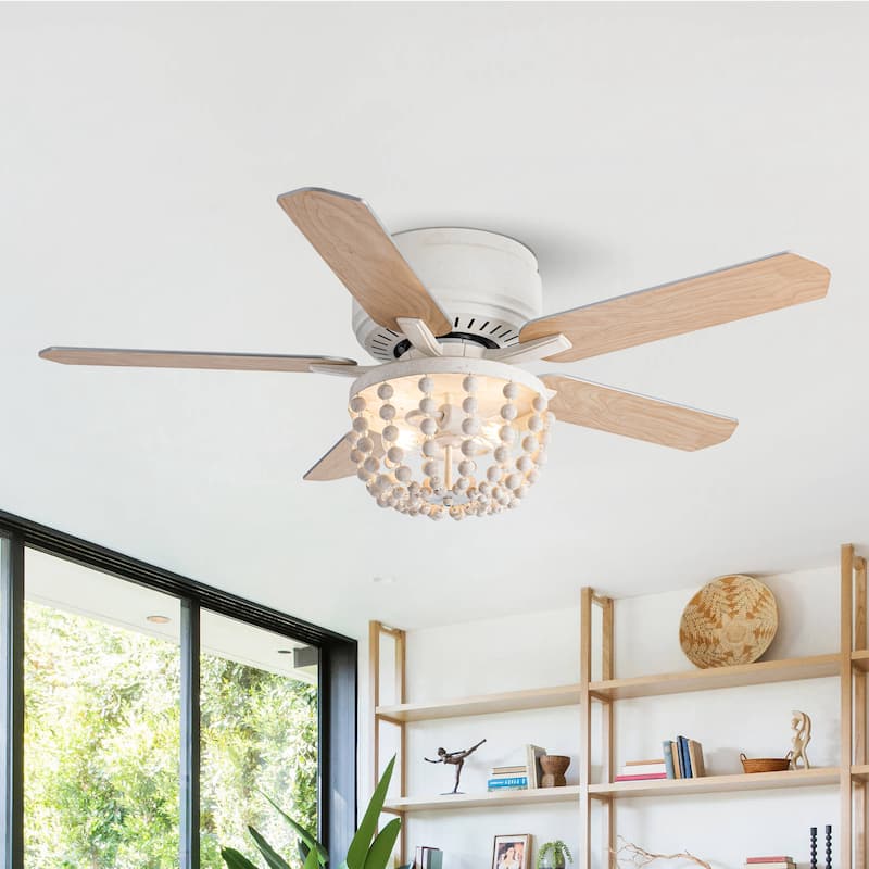 48" White Coastal Bohemian Wooden Bead Flush Mount Ceiling Fan with Light and Remote