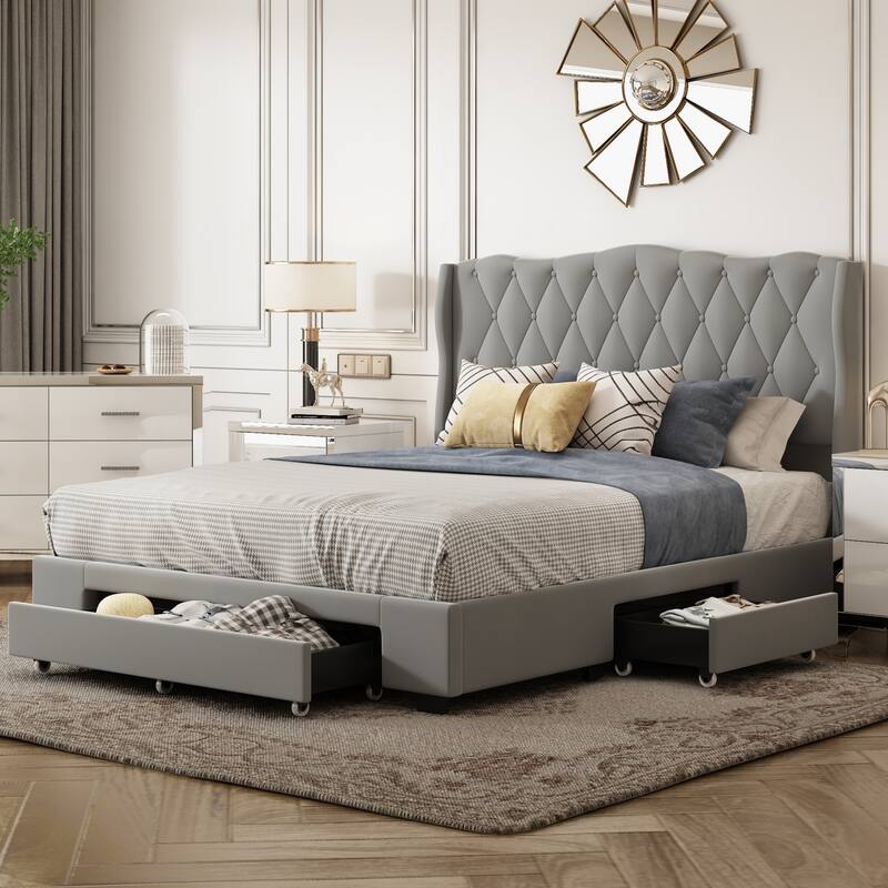 Velvet Fabric Tufted Upholstered Platform Bed with 3 Drawers