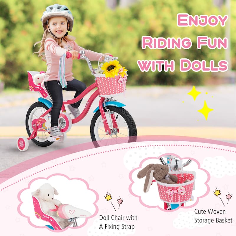 Girls Bike with Basket Doll Seat Training Wheels Ages 3 to 8
