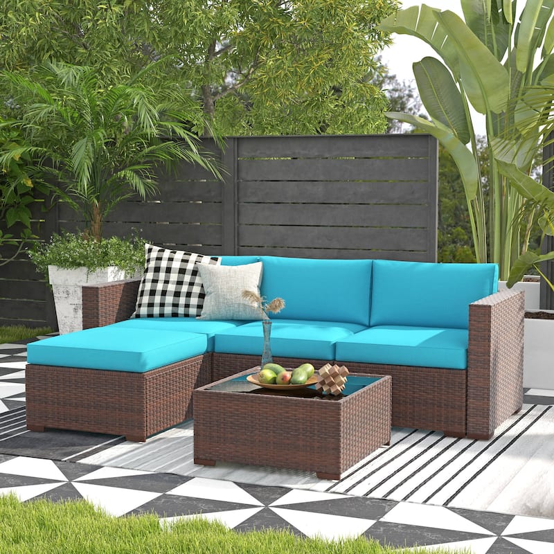 5-piece Outdoor Wicker Sectional Sofa Set with Cushions - Blue