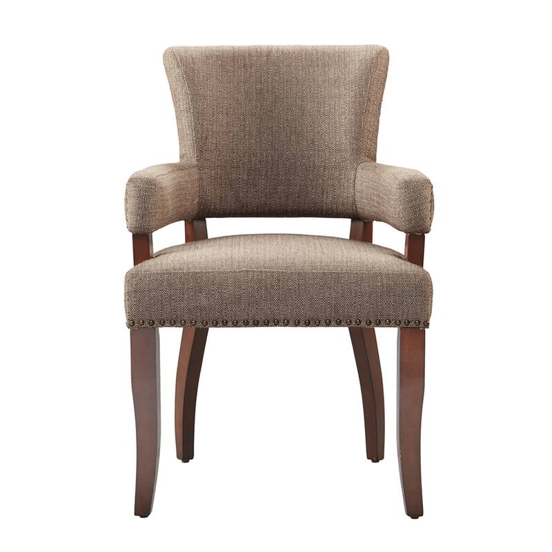 Roomfitters Arm Dining Chair, Faux-Textured Brown Upholstery with Brass Nailhead Trim and Espresso Birch Legs