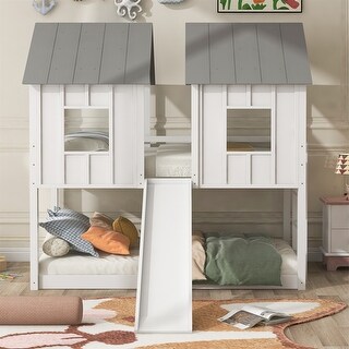 Merax Twin over Twin House Bunk Bed with Slide and Windows - White ...