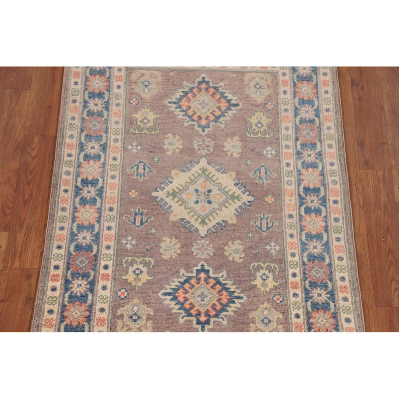 Kazak Foyer Rug Hand-Knotted Geometric Brown Wool Carpet - 2'7" x 3'11"