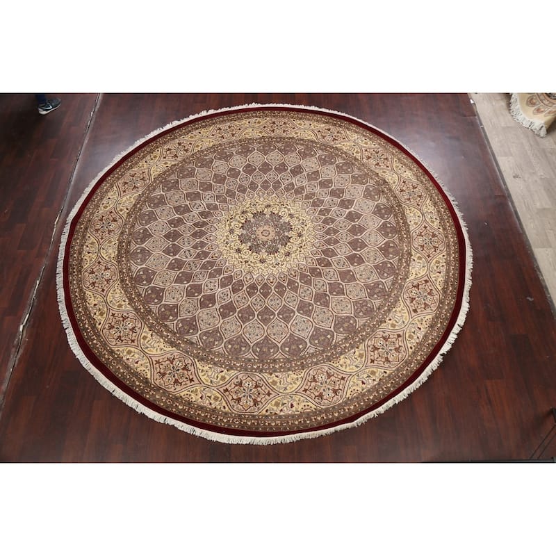 Wool/ Silk Vegetable Dye Floral Qum Oriental Area Rug Handmade Carpet - 10'1" x 10'2" Round