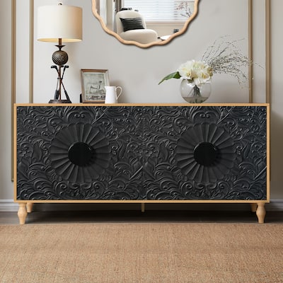 Carved Buffet Storage Cabinet TV Cabinet with Wire Holes, Kitchen Buffet Sideboard Cupboard Console Table, Black+Natural