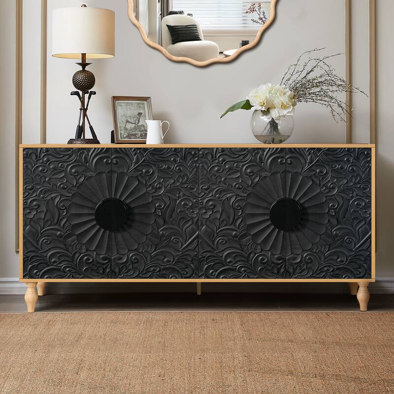 Elegant TV Console Cabinet with Carved Doors & Ample Storage for Living Room Media Organization