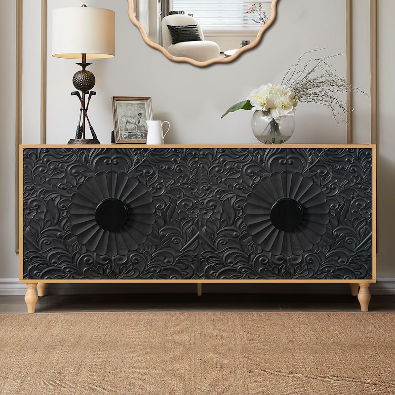 Vintage Carved Flower Door Cabinet With Adjustable Shelves