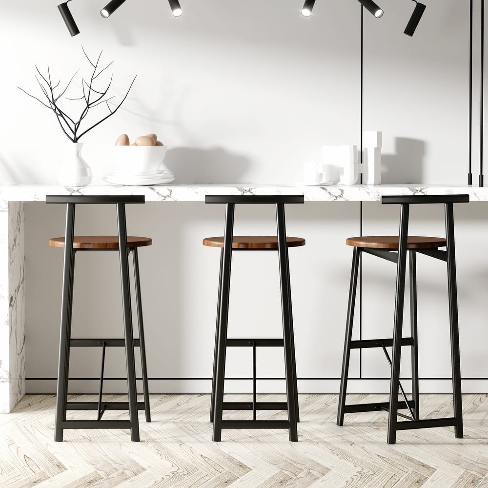 27''H Bar Stools, Set of 3 Wooden Round Bar Chairs with Footrest and Back Kitchen Breakfast Bar Chairs for Dining Room, Kitchen