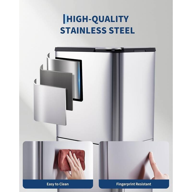 16-Gallon Dual Compartment Stainless Steel Trash and Recycle Bin with Odor Filter and Removable Buckets Silver