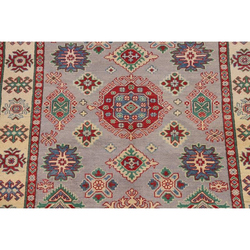 Grey Geometric Kazak Oriental Area Rug Handmade Wool Carpet - 5'1" x 6'9"