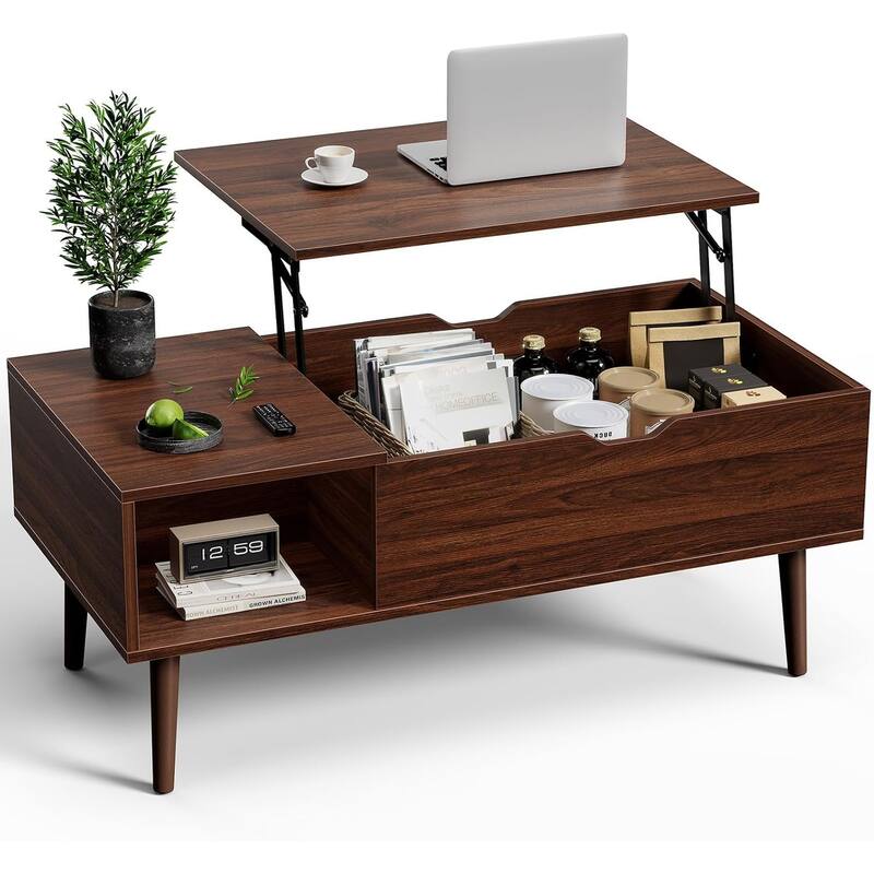 Coffee Table, Wood Lift Top Coffee Table with Storage Shelf, Lift Tabletop Dining Table for Home Living Room, Office - Tank