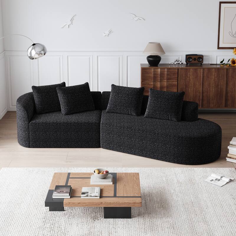 Upholstered Oversized Sectional Sofa, 112-Inch Chenille 4-Seater Extra Deep & Wide Seat Curved Cloud Couch with 4 Throw Pillows - Black
