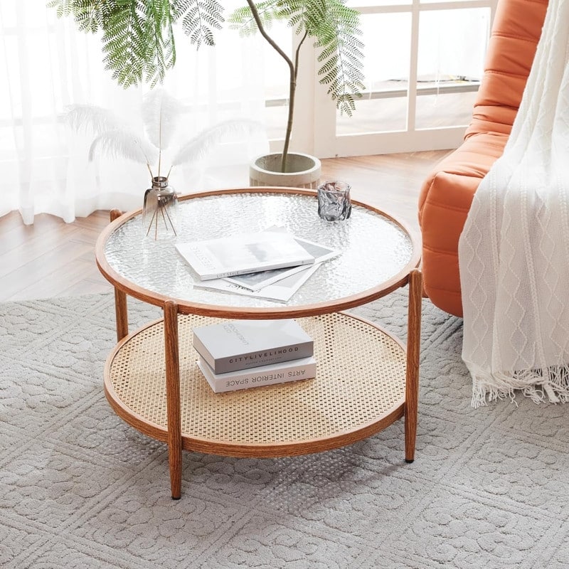 VINGLI Double-Layered Round Water Ripple Glass with Heat Transfer Wood Grain Iron Frame Coffee Table