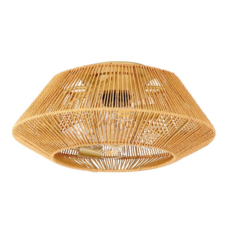 4-Light Boho Rattan Caged Ceiling Fan with Remote Control Flush Mount