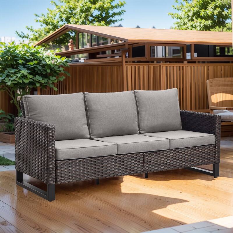 3-Seat Outdoor Patio Couch Patio Wicker Sofa - Brown - Grey