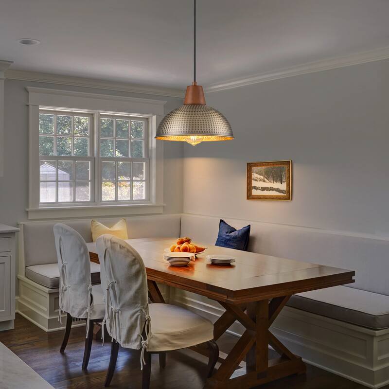 Industiral Hammered Antique Bronze Wood Dome Pendant Light - W12"