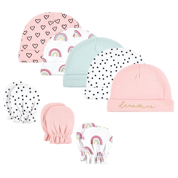 slide 1 of 1, Hudson Baby Infant Girl Cotton Cap and Scratch Mitten Set, Modern Rainbow, 0-6 Months - Modern Rainbow Modern Rainbow - 0-6 Months