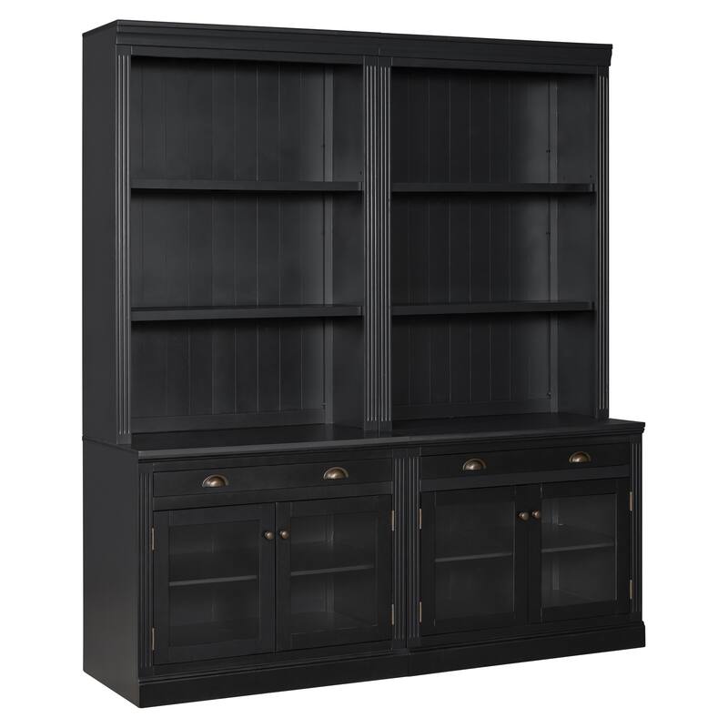 83.4" Large Bookshelf Suite with LED Lighting, 2-Piece Wood Storage Bookcase Set with Glass Doors, Drawers & Open Shelves