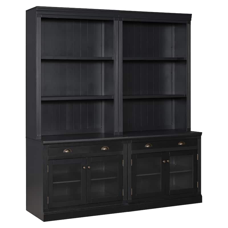 83.4" Modern Bookshelf Suite with LED Lights, Glass Doors, Drawers & Open Shelves, 2-Piece Storage Bookcase Set for Home Office