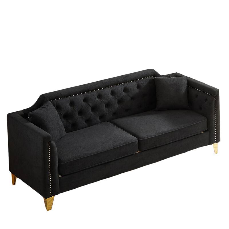 Chenille Sofa with Golden Metal Legs, 3-Seater Couch with Solid Wood Frame and 750 lbs Capacity