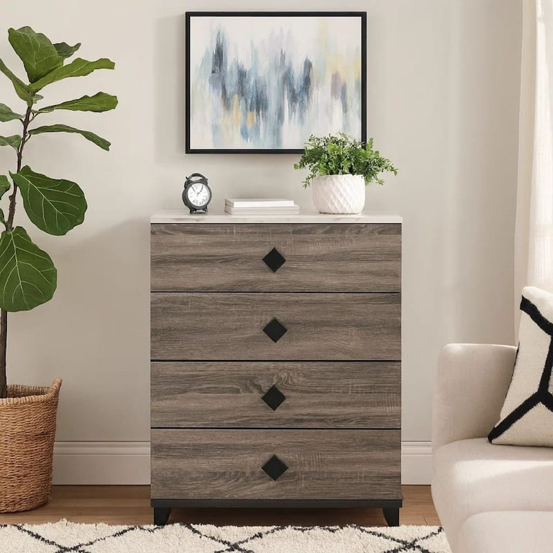 4 Drawer Wooden Chest with Grains and Angled Legs, Gray