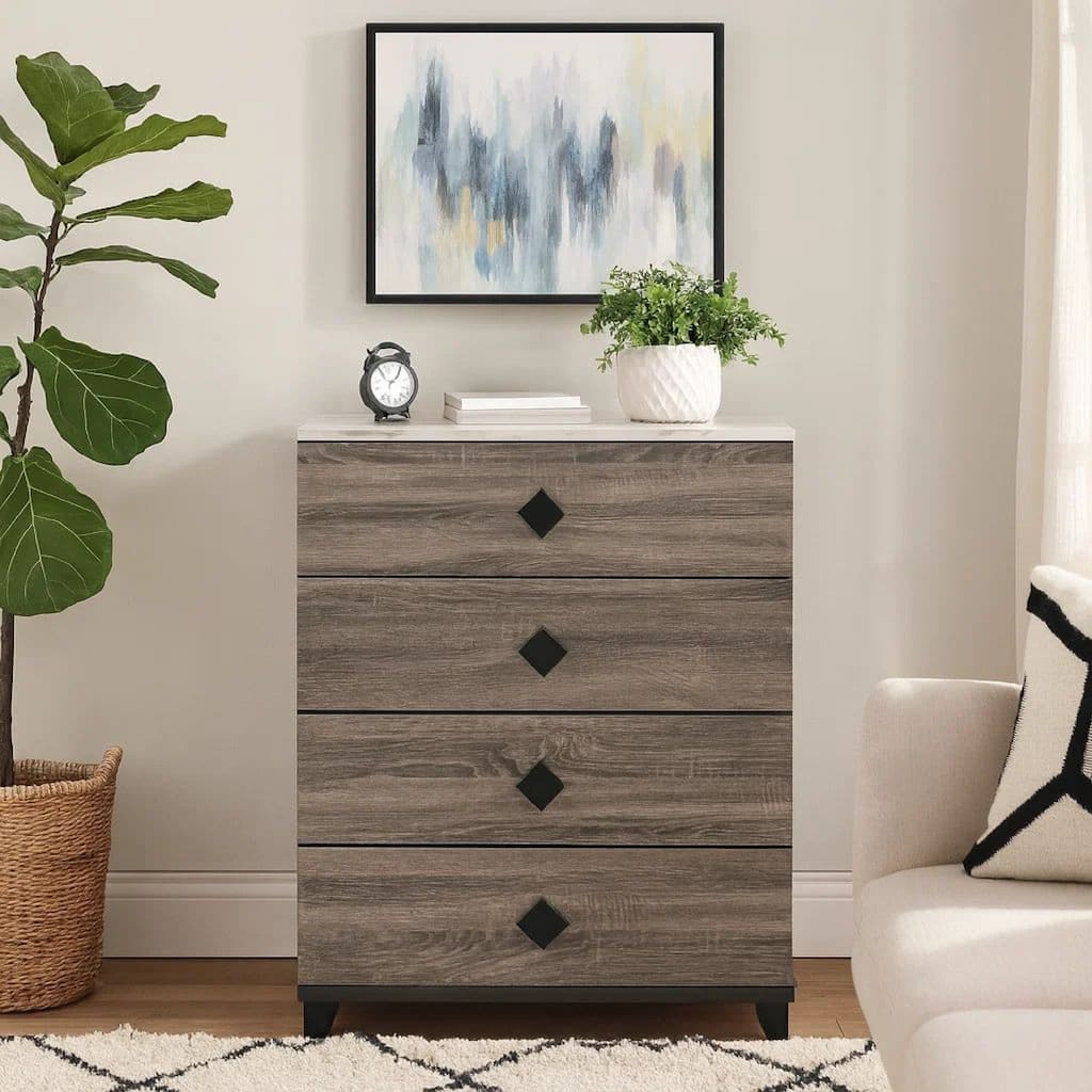 4 Drawer Wooden Chest with Grains and Angled Legs, Gray