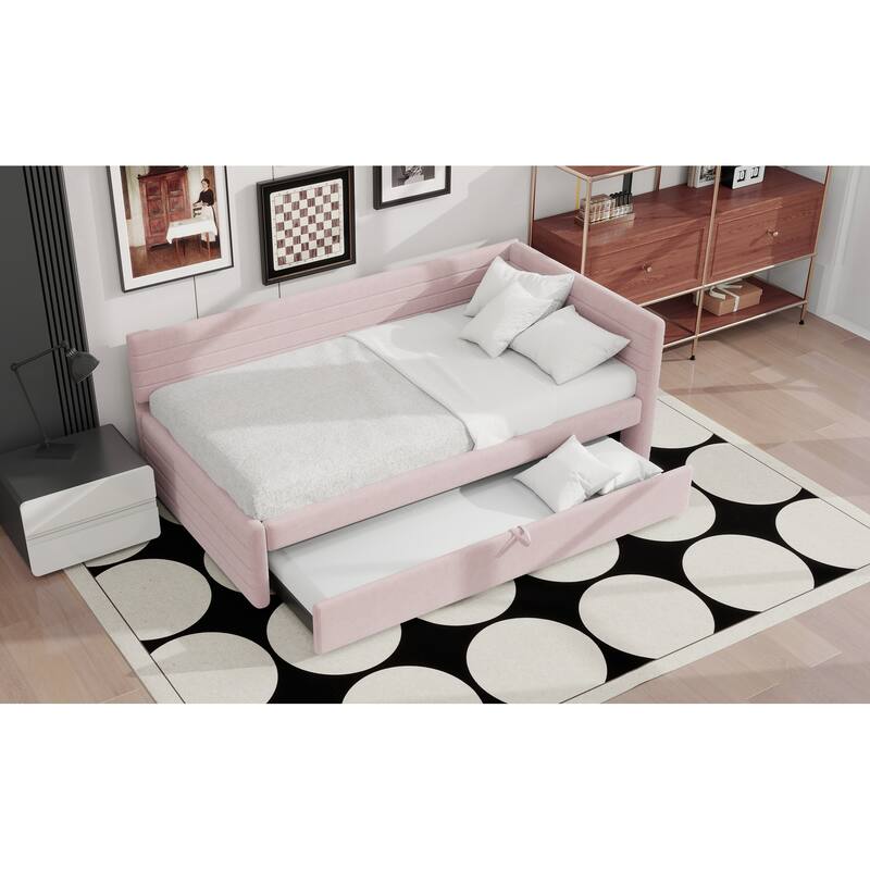 Twin Size Upholstered Daybed with Roll-Out Trundle, Space-Saving Wooden Frame, No Box Spring Needed