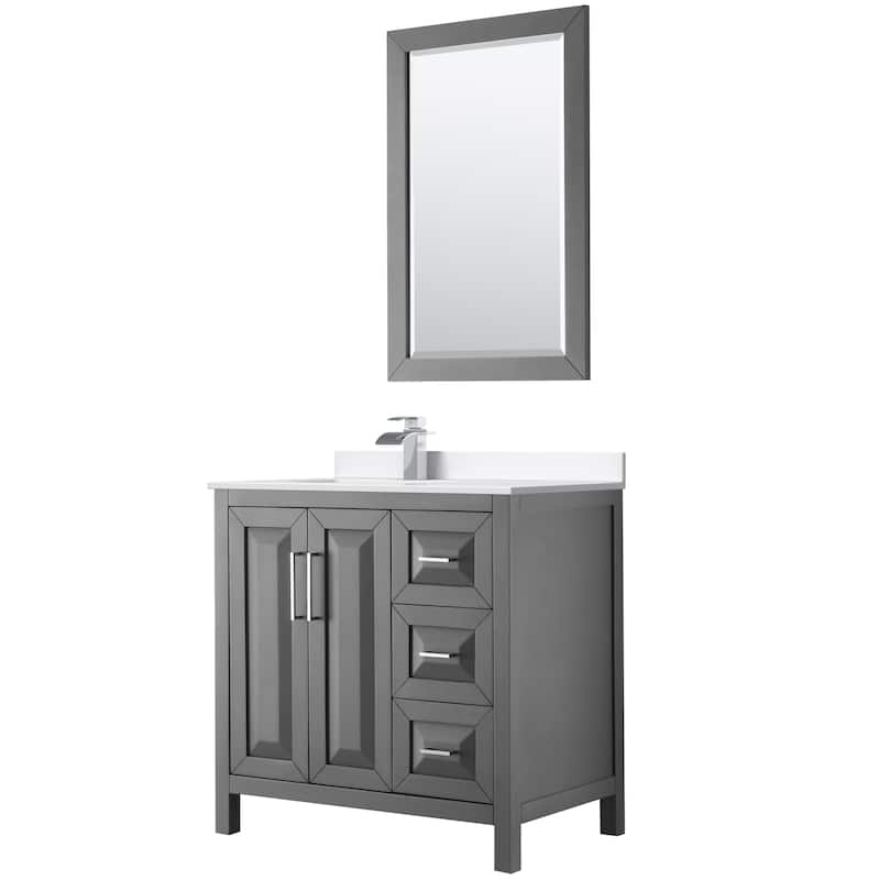 Daria 36-inch Single Vanity, Cultured Marble Top, 24-inch Mirror - Dark Gray, Chrome Trim, White Cultured Marble Top