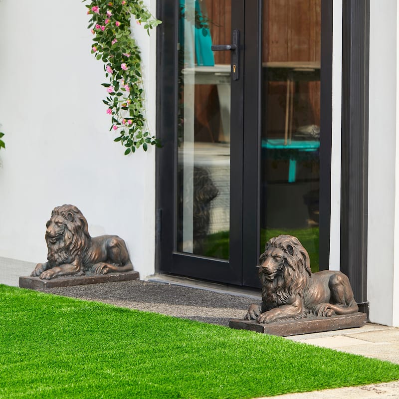 Glitzhome MGO Vintage Sitting & Lying Lion Guardian Garden Statue Porch Sculpture Indoor Outdoor - 2-Piece Bronze Lying Lions