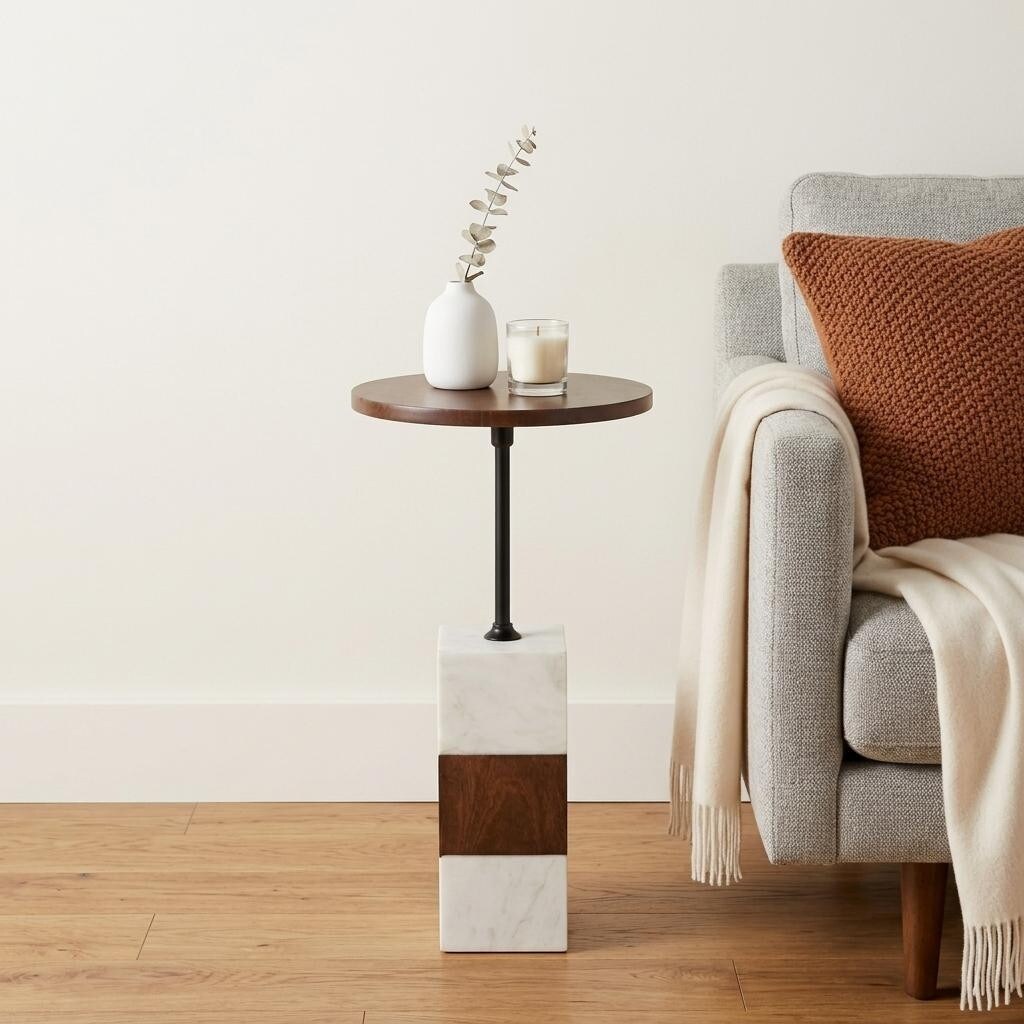 HomeRoots 22" Brown and White Solid Wood Iron and Marble Circular Pedestal End Table - 12.00 in. x 22.00 in. x 12.00 in.