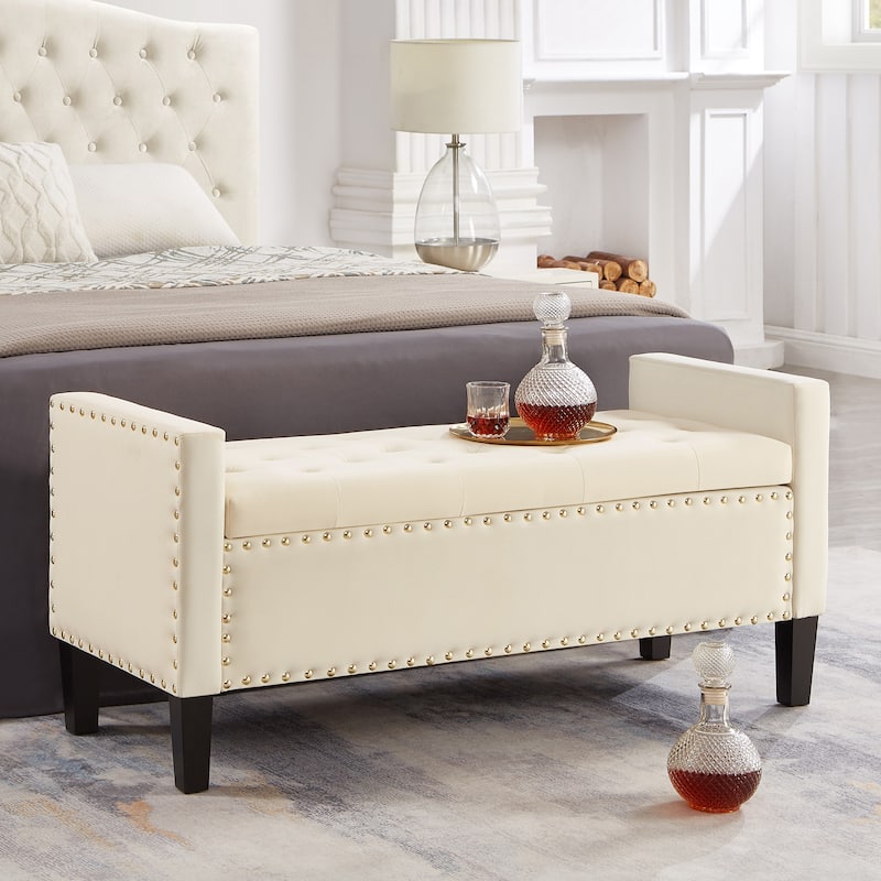 Upholstered Tufted Button Storage Bench with nails trim,Entryway Living Room Soft Padded Seat