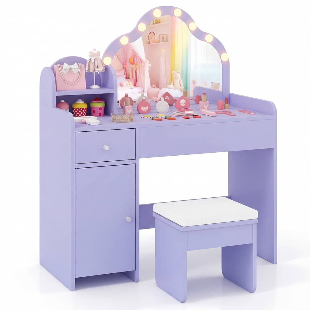 Gymax Kids Vanity Set Princess Pretend Play Makeup Desk w/ Cute