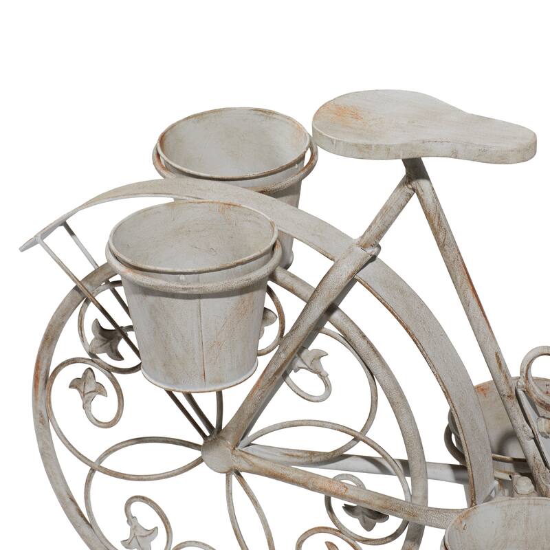 Gray Metal Distressed Indoor Outdoor Scroll 3 Tier Bike Indoor Outdoor Plantstand with Fleur De Lis Wheels