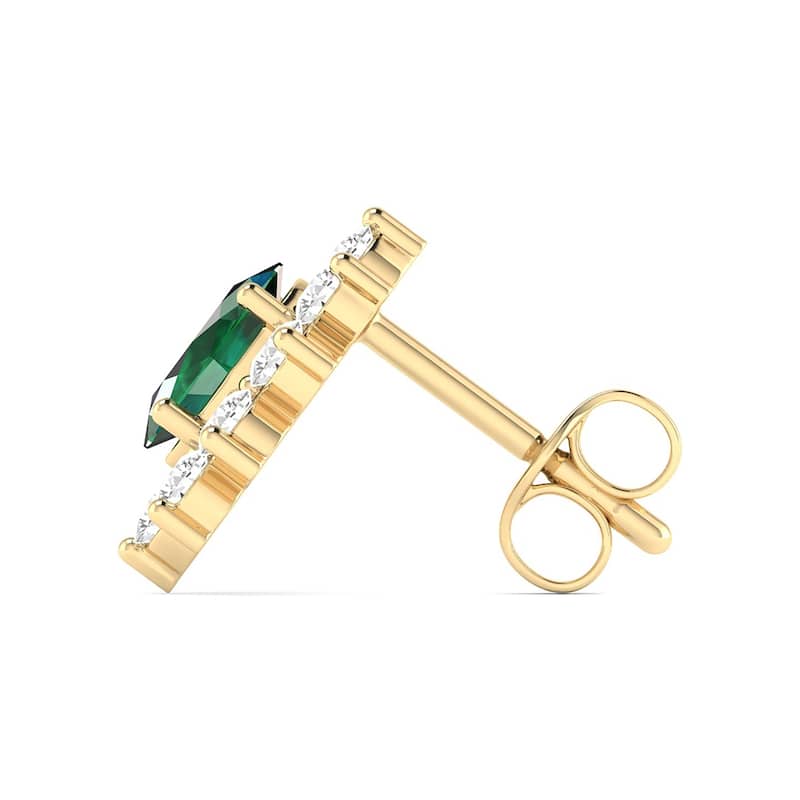Marquee Oval Shape Emerald and Diamond Flower Earrings in 14K Yellow Gold