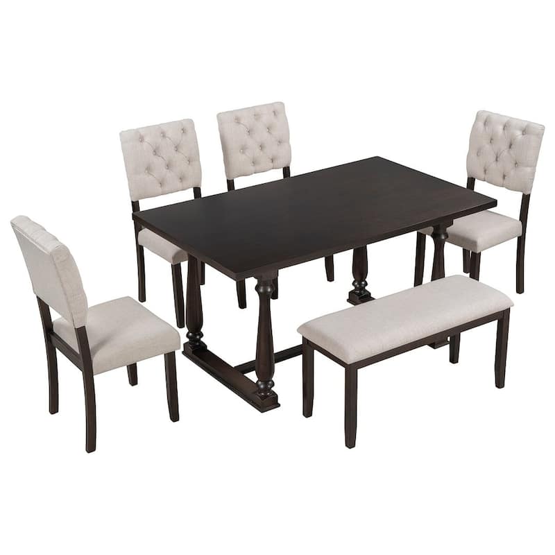 6 Piece Dining Set - 60'' Rectangular Dining Table with 4 Upholstered Chairs and Bench - Espresso