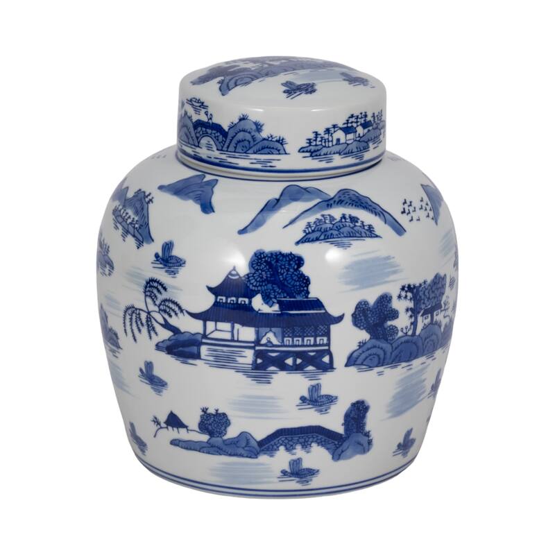 Rectangular Chinoiserie Ceramic Table Jar with Lid