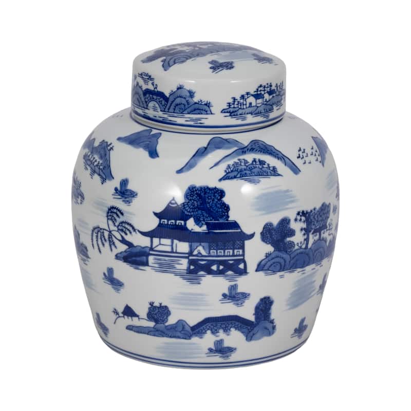 Sagebrook Home Stoneware Ceramic Chinoiserie Decorative Container with Lid