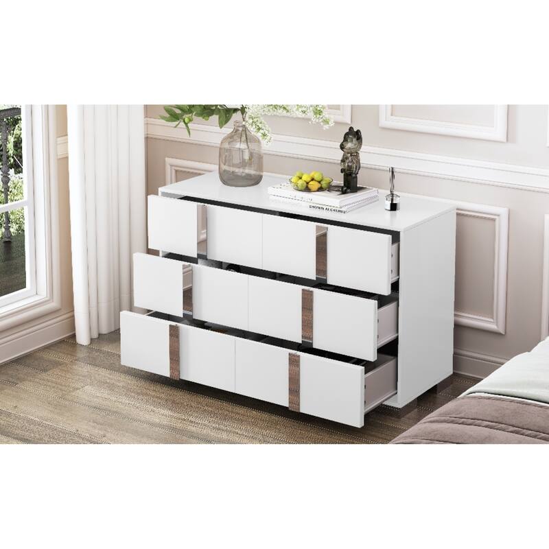 Roomfitters Elegant Modern Storage Cabinet with Metal Foot, Mirrored 6-Compartment Cabinet for Bedroom Living Room, White